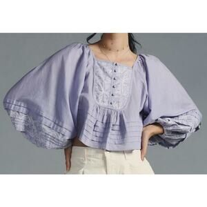 By anthropologie Lace Lavender Babydoll Puff Sleeves Tie Back Boho Blouse L